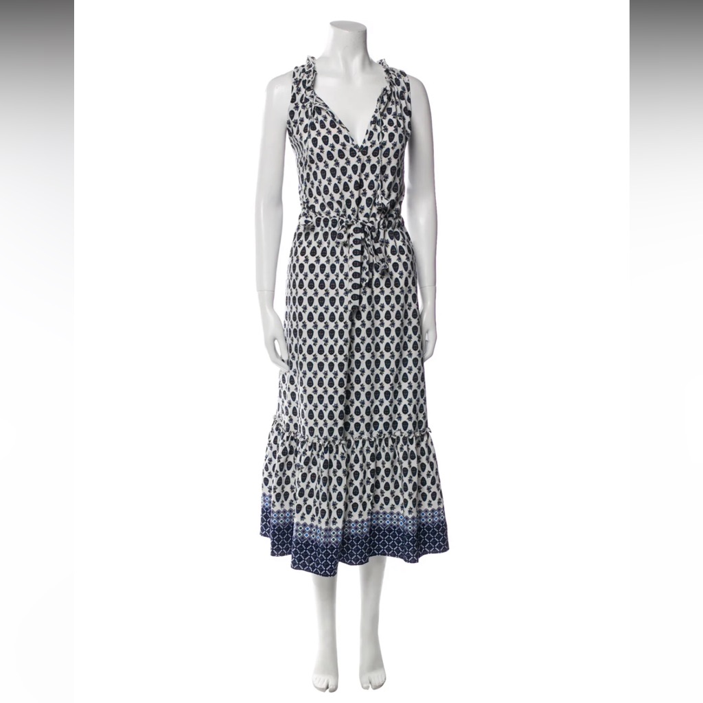 Misa Los Angeles Navy And White Printed Midi Dress With Tie Waist